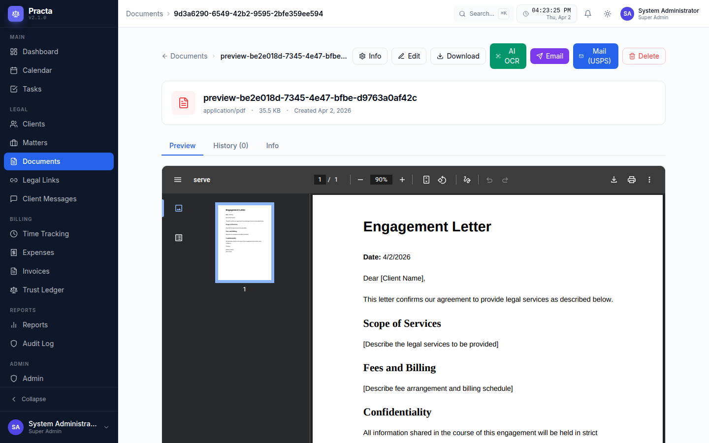 Practa document detail showing AI OCR button, Mail (USPS) button, and preview