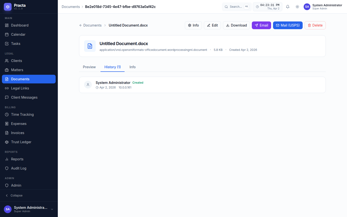 Practa document history and audit trail