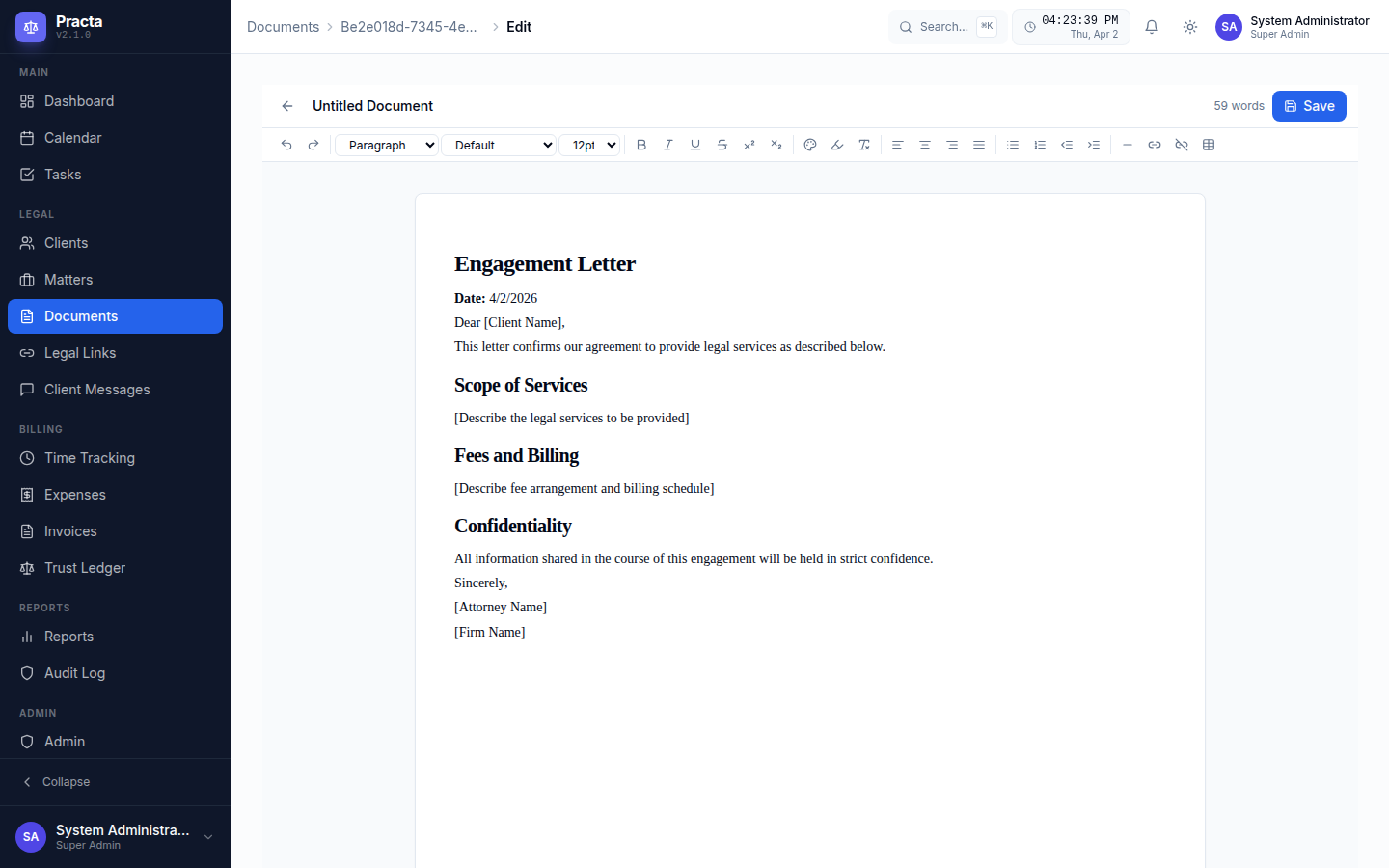Practa DOCX rich text document editor