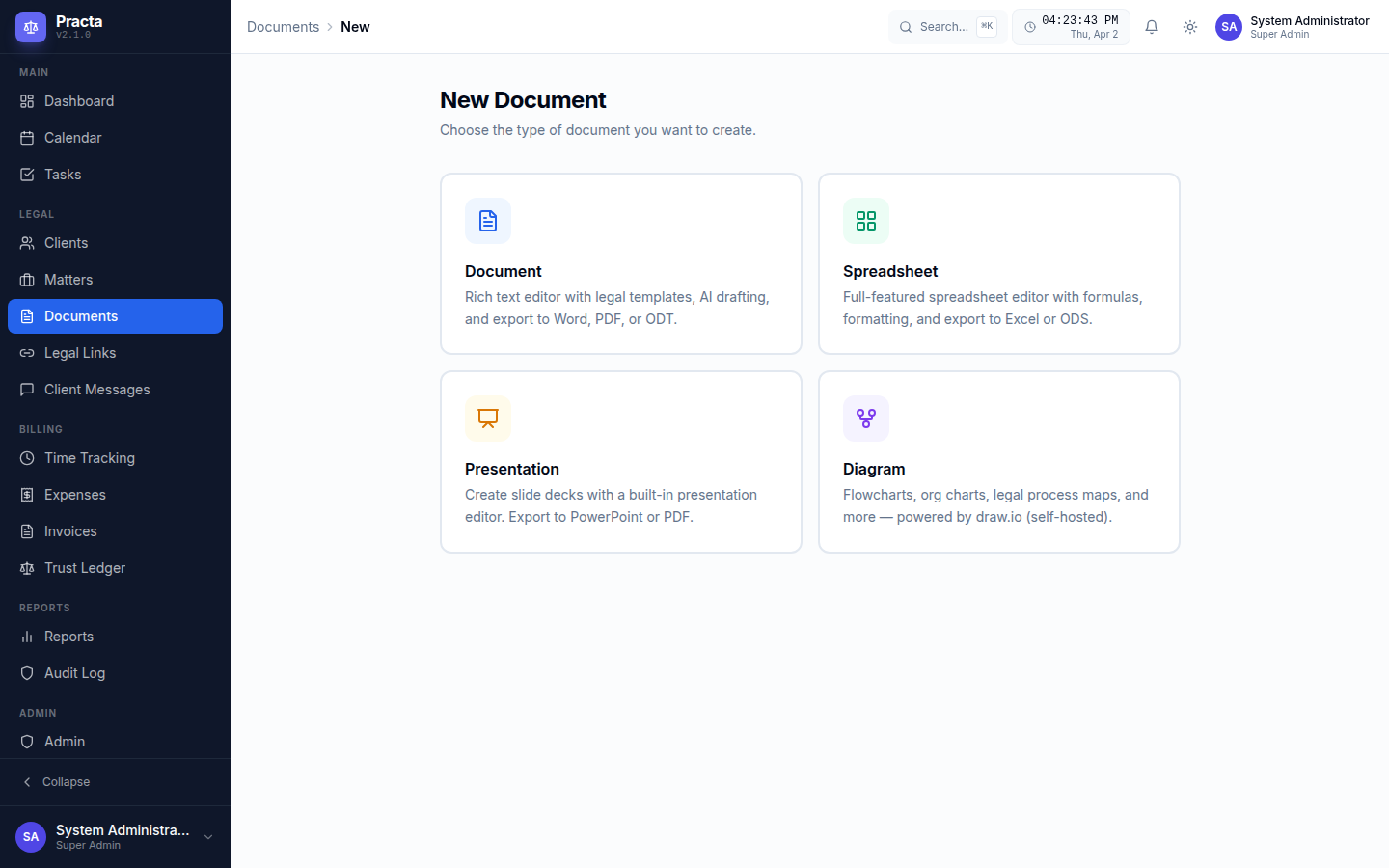 Practa new document picker showing four document types: Document, Spreadsheet, Diagram, Upload