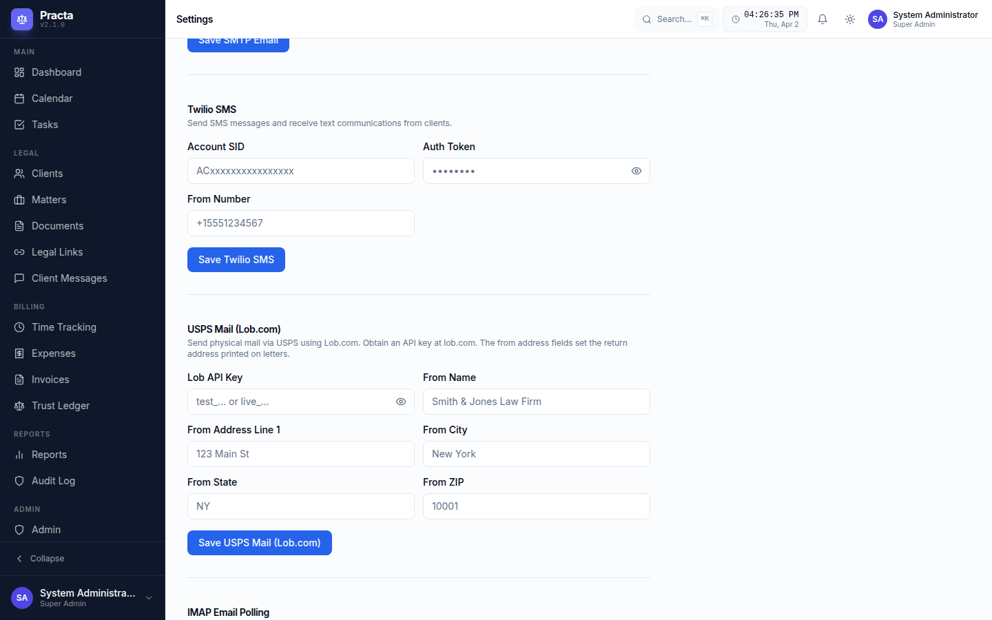 Practa settings showing USPS Lob.com integration and AI Provider configuration