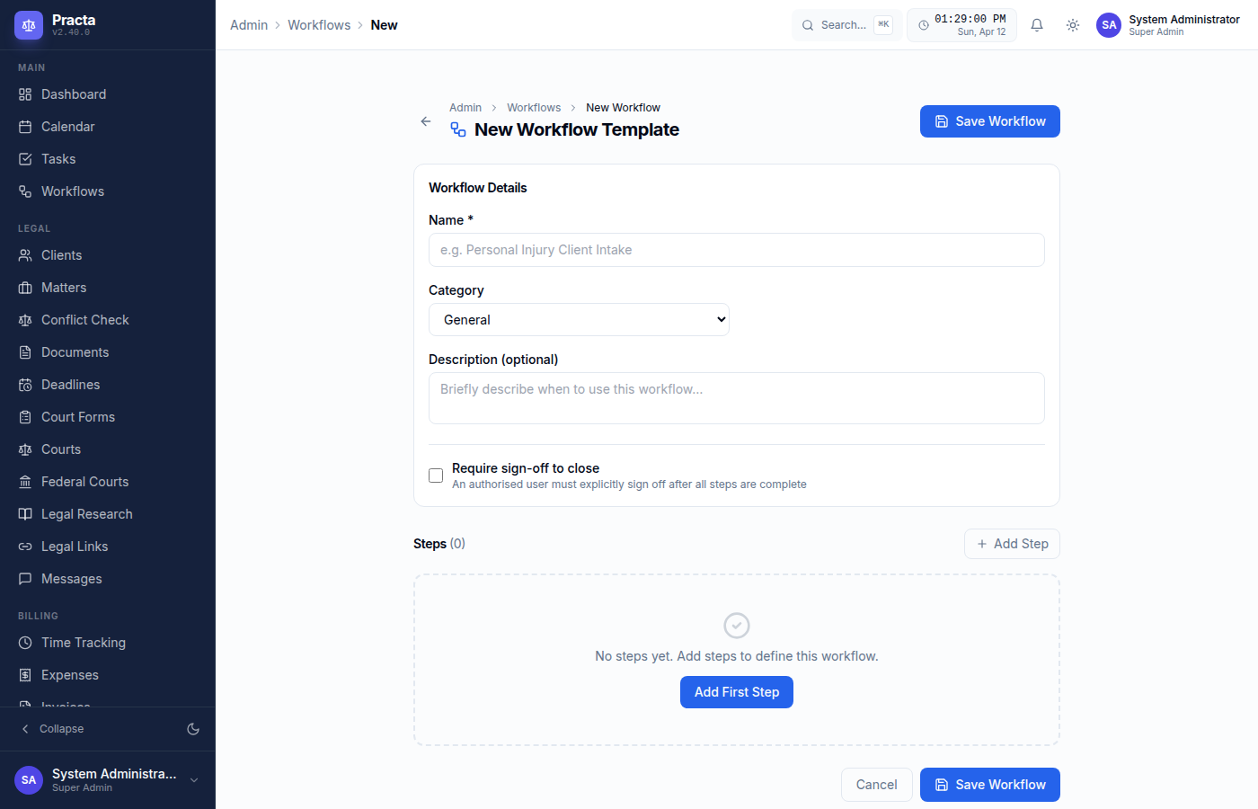 Practa Workflow Builder — create custom workflows with named steps, types, and required flags